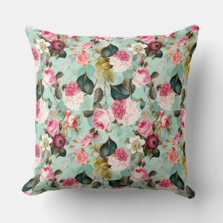 Antique Nostalgic Redouté Roses Pattern mint Throw Pillow