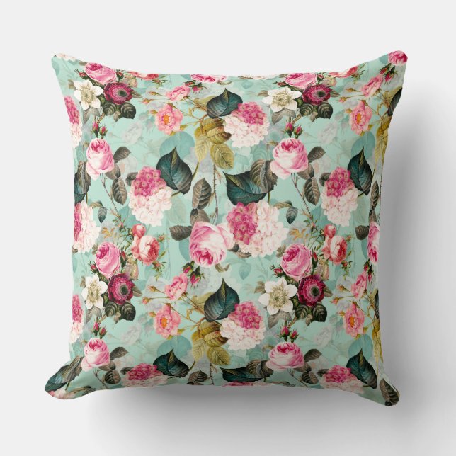 Antique Nostalgic Redouté Roses Pattern mint Throw Pillow (Front)