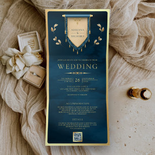 Antique Ocean Blue Gold Scroll Medieval Wedding Tri-Fold Invitation