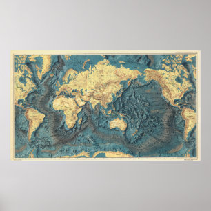 Antique Ocean Relief World Map: Yellow Continents  Poster