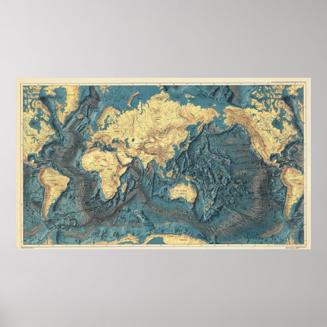 Antique Ocean Relief World Map: Yellow Continents  Poster (Front)