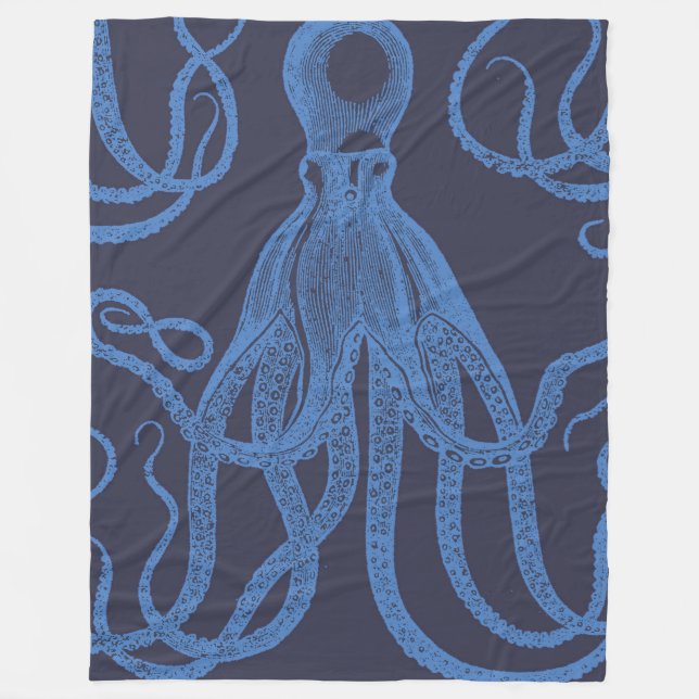 Antique Octopus Blue on Blue Fleece Blanket (Front)
