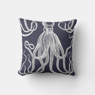 Antique Octopus on Blue Throw Pillow