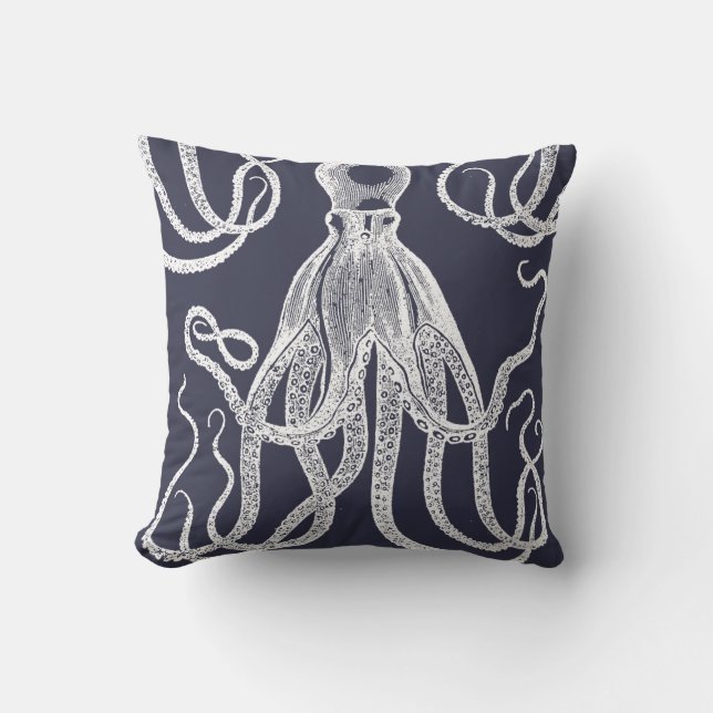 Antique Octopus on Blue Throw Pillow (Front)