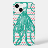 Antique Octopus on Coral and Aqua Chevrons