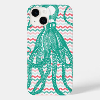 Antique Octopus on Coral and Aqua Chevrons Case-Mate iPhone 14 Case