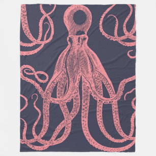 Antique Octopus Pink on Blue Fleece Blanket