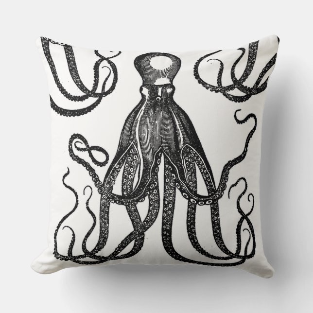 Antique Octopus with Tentacles Black Throw Pillow (Front)