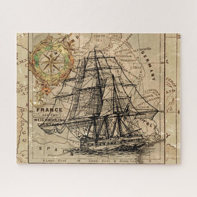 Antique Old General France Map & Ship Jigsaw Puzzle (Horizontal)