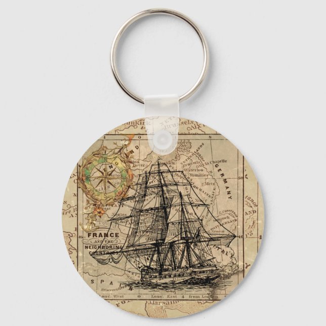Antique Old General France Map & Ship Keychain (Front)