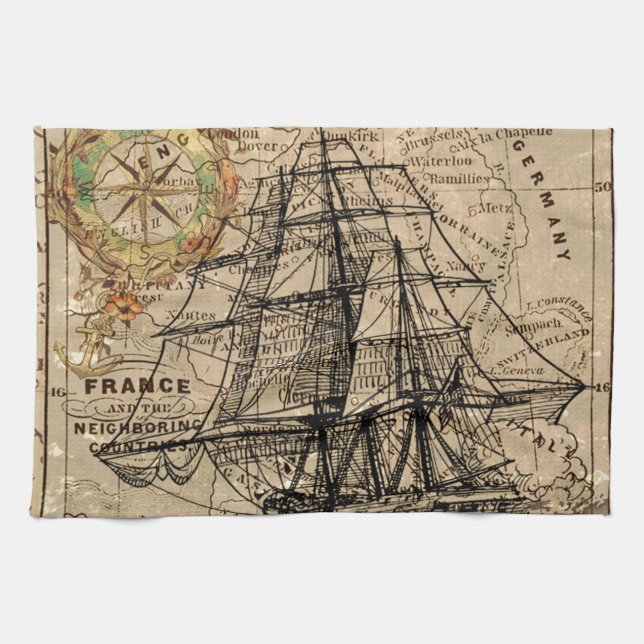 Antique Old General France Map & Ship Kitchen Towel (Horizontal)
