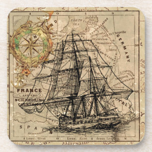 Antique Old General France Map & Ship Lithograph Coaster