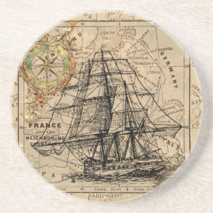 Antique Old General France Map & Ship Lithograph Coaster