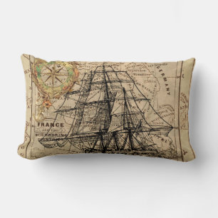 Antique Old General France Map & Ship Lumbar Pillow