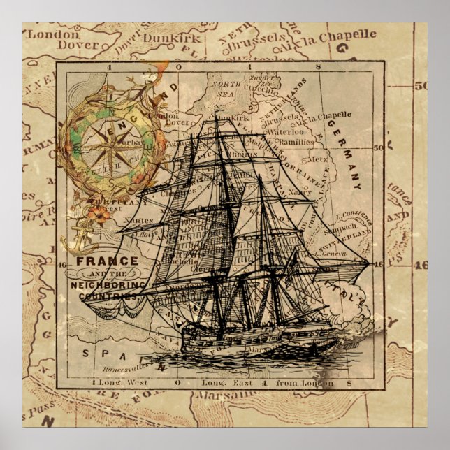 Antique Old General France Map & Ship Poster (Front)