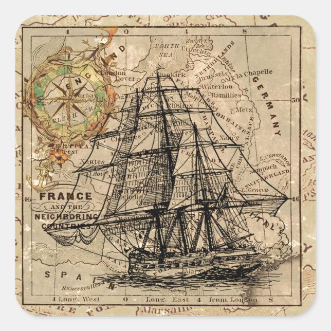 Antique Old General France Map & Ship Square Sticker (Front)