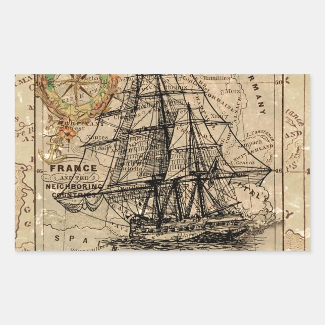 Antique Old General France Map & Ship Sticker (Front)