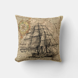 Antique Old General France Map & Ship Throw Pillow