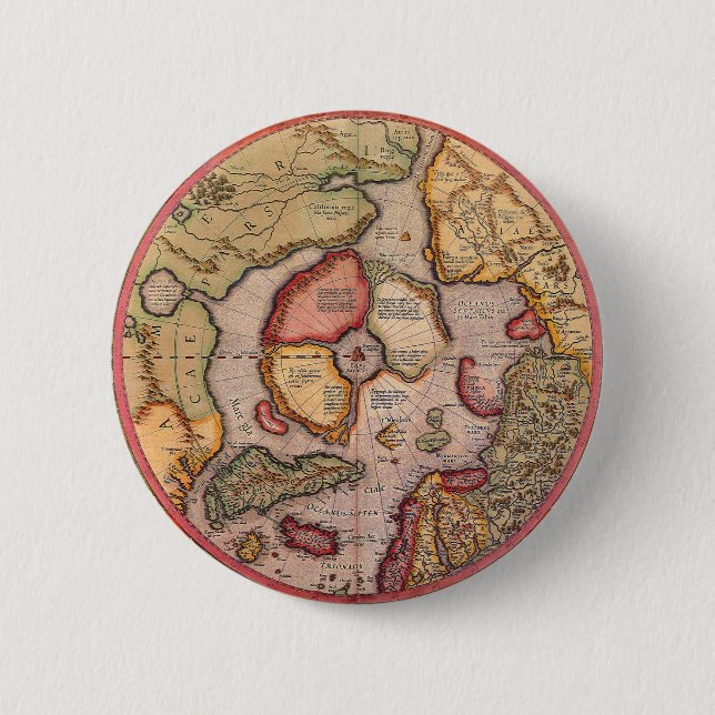 Antique Old World Map, Arctic North Pole, 1595 2 Inch Round Button (Front)