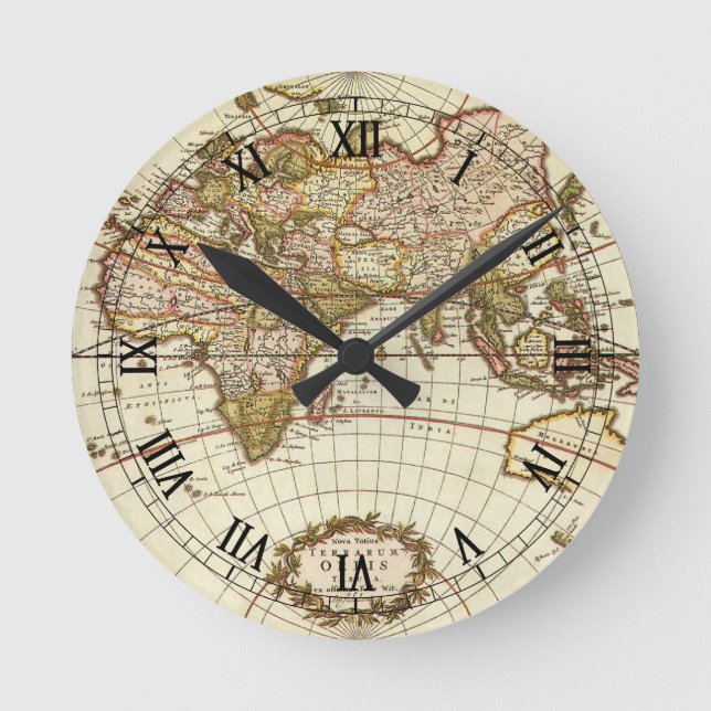 Antique Old World Map by Frederick de Wit, c. 1680 Round Clock (Front)