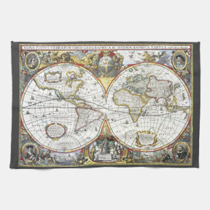 Antique Old World Map by Hendrik Hondius, 1630 Kitchen Towel