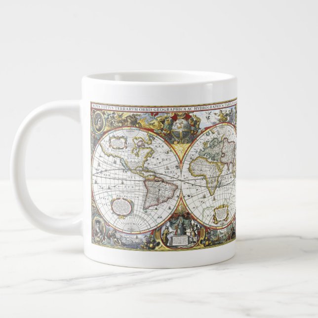 Antique Old World Map by Hendrik Hondius, 1630 Large Coffee Mug (Left)