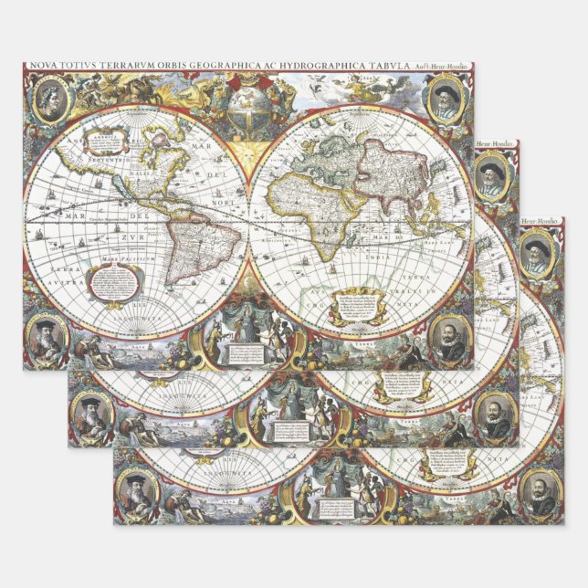 Antique Old World Map by Hendrik Hondius, 1630 Wrapping Paper Sheet (Set)