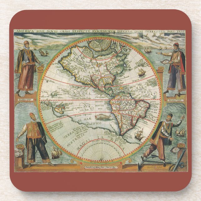 Antique Old World Map of the Americas, 1597 Coaster (Front)