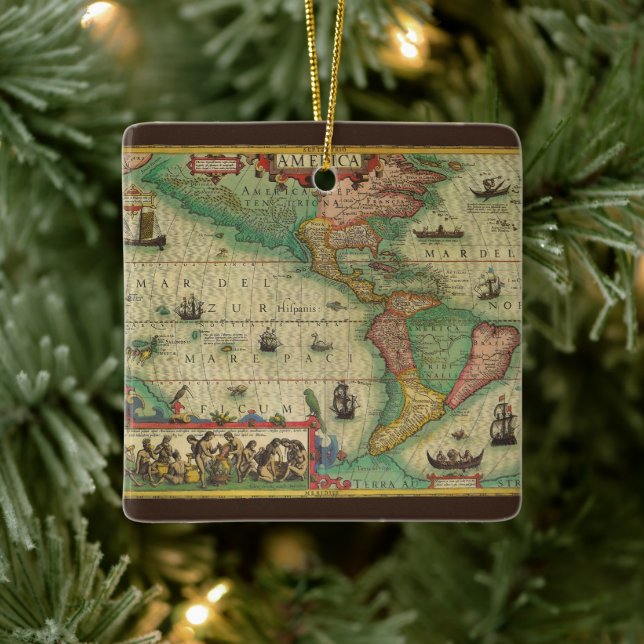 Antique Old World Map of the Americas, 1606 Ceramic Ornament (Tree)