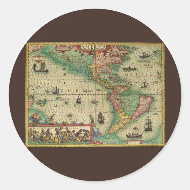 Antique Old World Map of the Americas by Hondius Classic Round Sticker (Front)