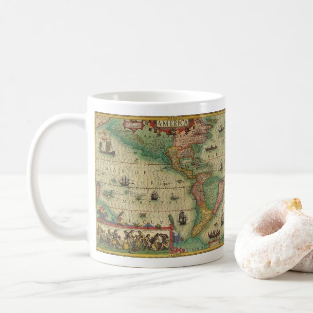 Antique Old World Map of the Americas by Hondius Coffee Mug (With Donut)