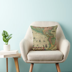 Antique Old World Map of the Americas by Hondius Throw Pillow