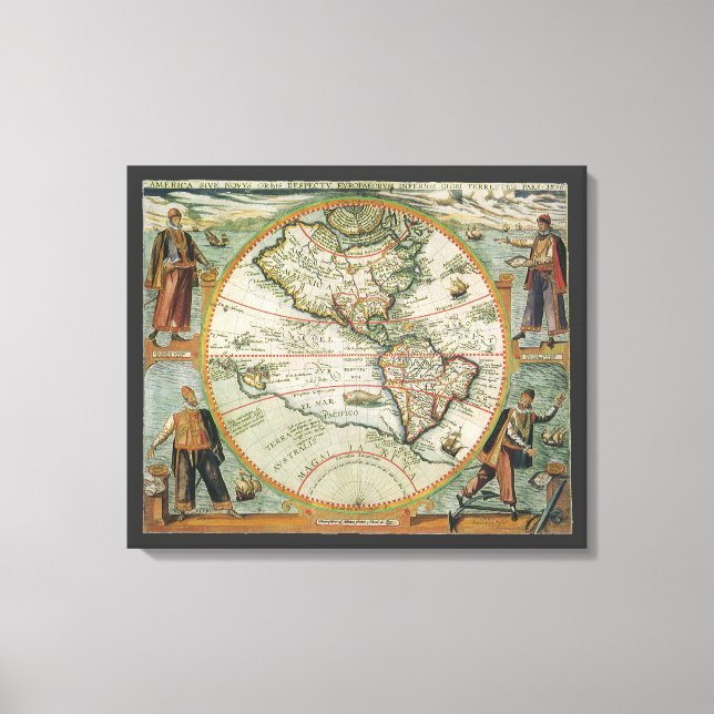 Antique Old World Map the Americas, Theodor de Bry Canvas Print (Front)