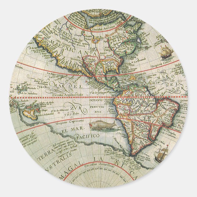 Antique Old World Map the Americas, Theodor de Bry Classic Round Sticker (Front)