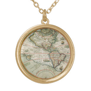 Antique Old World Map the Americas, Theodor de Bry Gold Plated Necklace