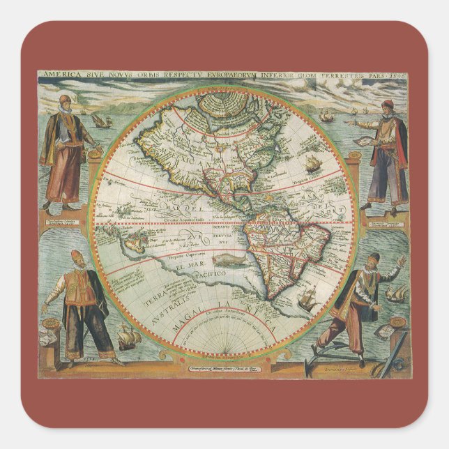 Antique Old World Map the Americas, Theodor de Bry Square Sticker (Front)