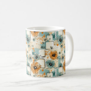 Antique Orange Blue Botanical Floral Cream Coffee Mug