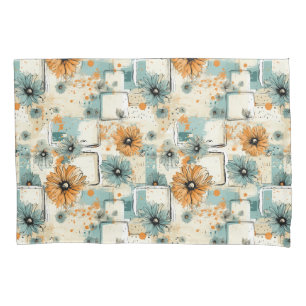 Antique Orange Blue Botanical Floral Cream Pillowcase