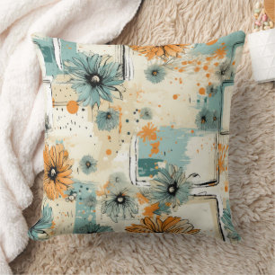 Antique Orange Blue Botanical Floral Cream Throw Pillow