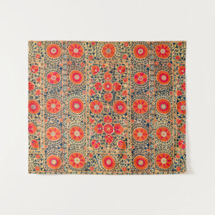 ANTIQUE ORANGE RED WHITE FLORAL UZBEK EMBROIDERY TAPESTRY