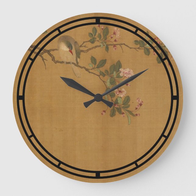 Antique Oriental Chinese Bird And Flowers Print Large Clock (Front)
