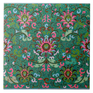 Antique oriental floral ceramic tile