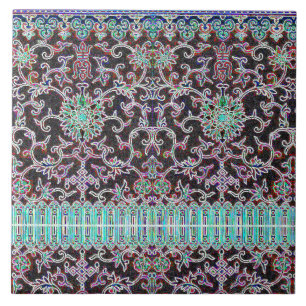 Antique oriental floral pattern purple teal tile