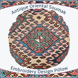 Antique Oriental Soumak Embroidery Design Round Pillow