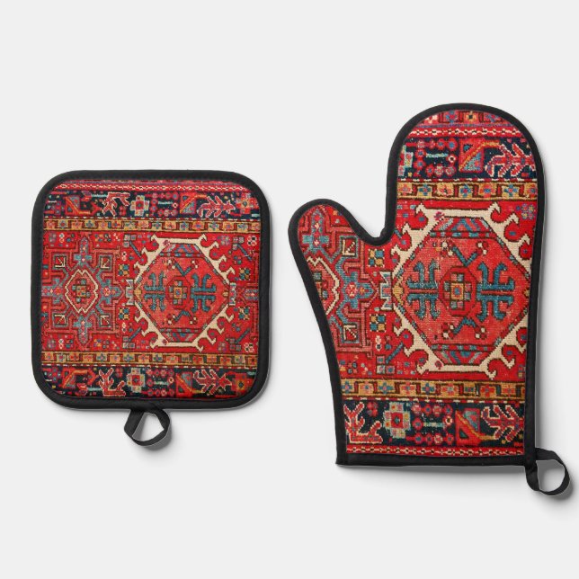 Antique Oriental Turkish Persian Carpet Oven Mitt & Pot Holder Set (Front)