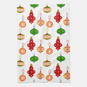 Antique Ornament Pattern in Red, Green and White Kitchen Towel