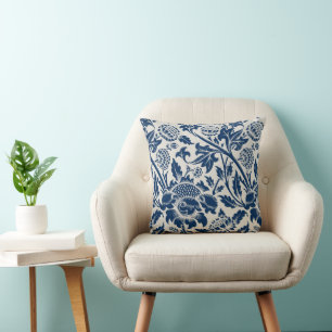 Antique Ornamental Floral white on navy Throw Pillow