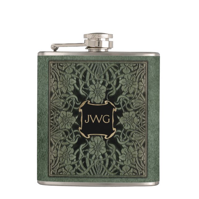 Antique Ornate Leather Monogram Book Cover Hip Flask (Front)