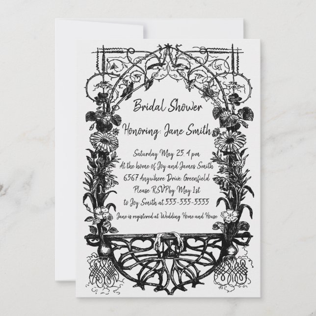 Antique Ornate Rustic Monochrome Floral Invitation (Front)