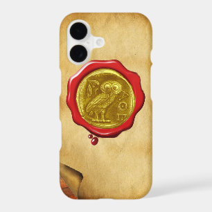 ANTIQUE OWL GOLD YELLOW RED WAX SEAL parchment